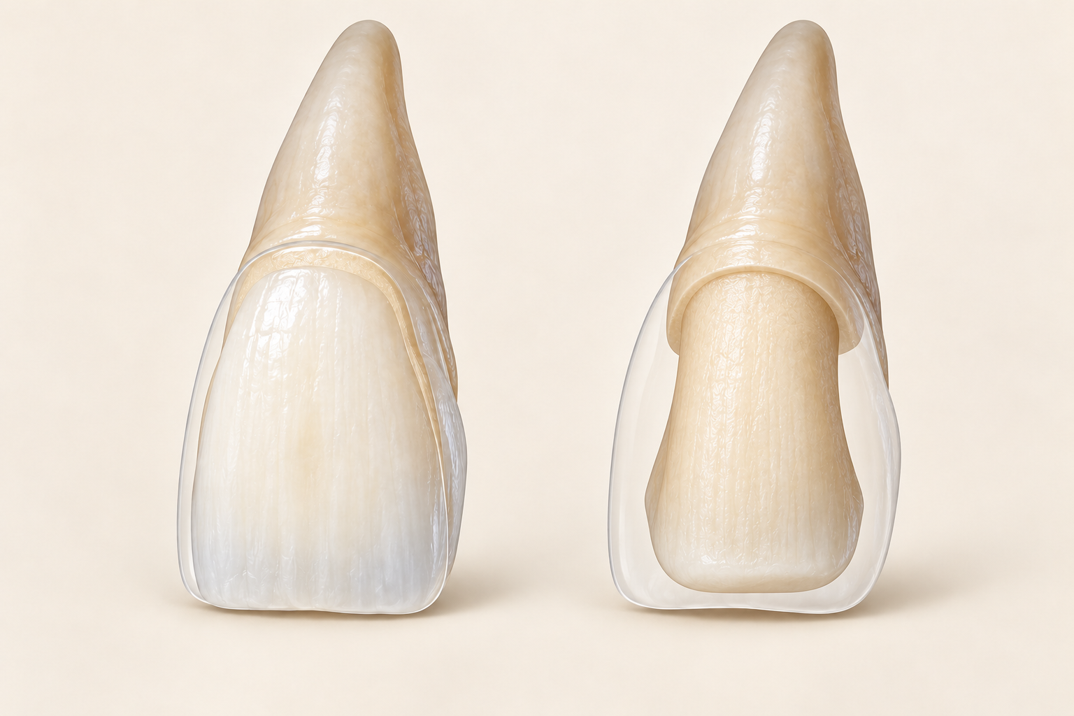 Educational illustration comparing minimal-prep veneers with full-coverage crown preparation